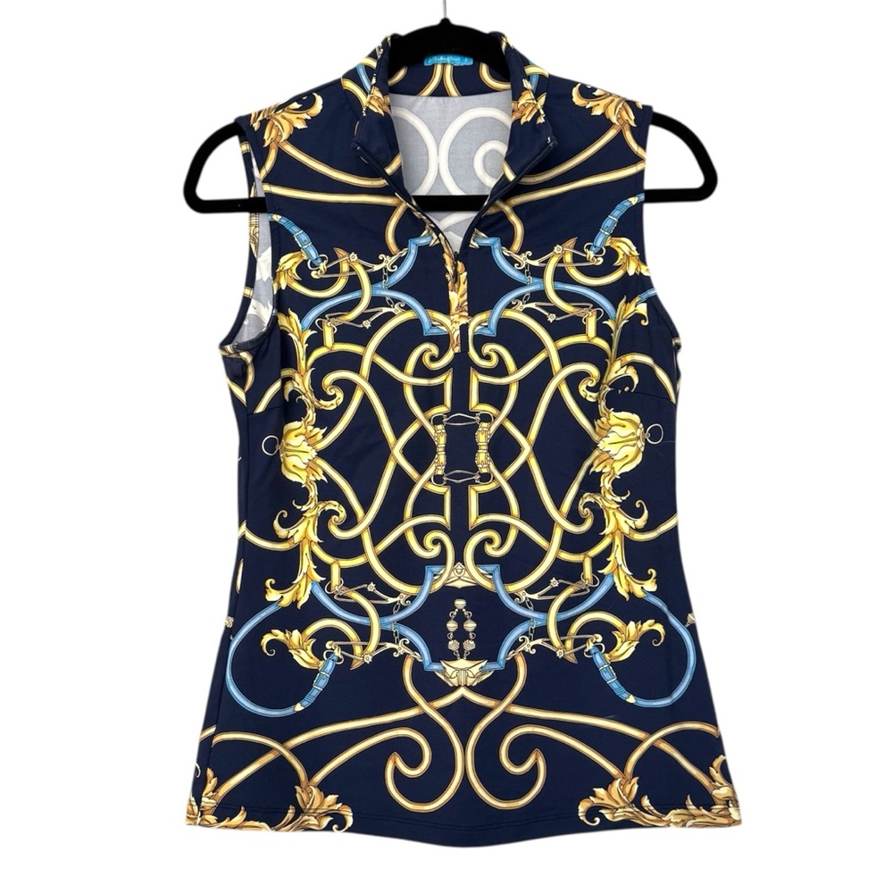 J. McLaughlin Patterned Quarter Zip Blouse‎ Navy Blue & Gold